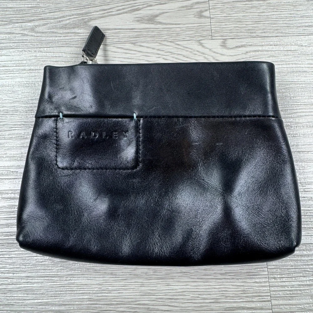 Radley Women's Cosmetic Bag Pouch Black Leather Small Zippered Travel‎ Toiletry